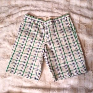 White Dockers shorts with Navy, green and light blue stripes
